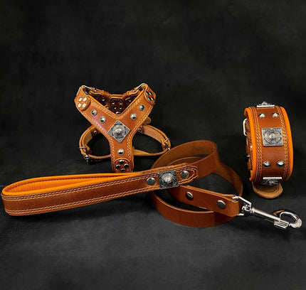 "EROS" Small to Medium dog SET - Harness - collar - lead. Brown-0