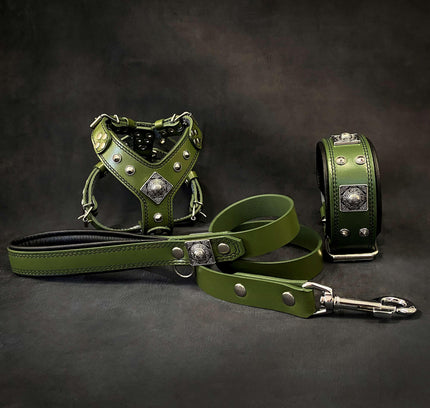 "EROS" Small to Medium dog SET - Harness - collar - lead. Green-0