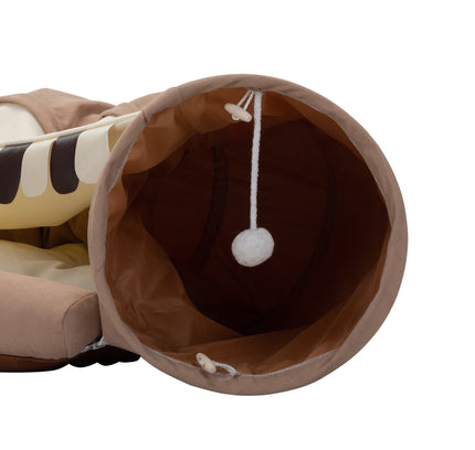 Foldable Cat Tunnel Bed For Indoor Cats, Washable Cat Skin Tunnel With Hanging Toys And Mats, Brown Color-3