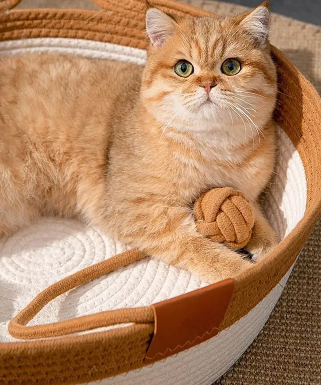 Cat Ear Shape Thickened Woven Cat Scratching Board Pet Bed - Khaki White-3