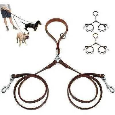 Golden Double Leather Pet Leads - Set of 2-1