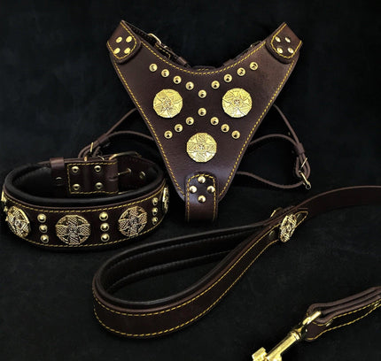 "Maximus Brown" BIG dog SET- Harness - collar - lead. Brass rivets-0