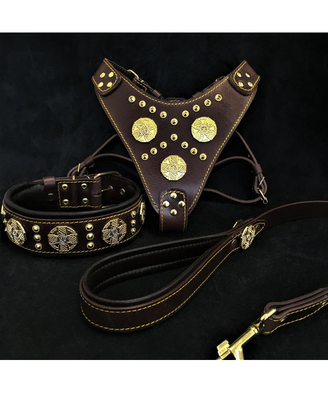 "Maximus Brown" BIG dog SET- Harness - collar - lead. Brass rivets-0