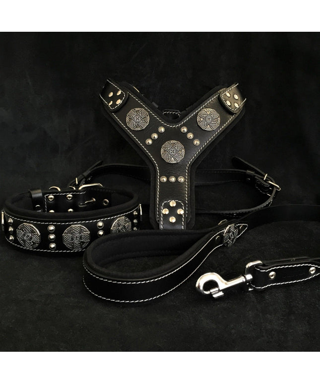 "Maximus Silver" BIG dog SET- Harness - collar - lead. Black-0