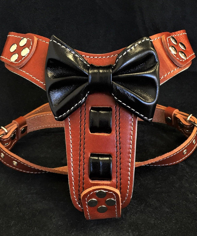The "Bowtie" leather harness brown Small to Medium Size